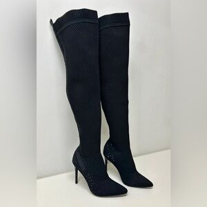 bebe Black Over-the-Knee Stretch Sock Stiletto Boots